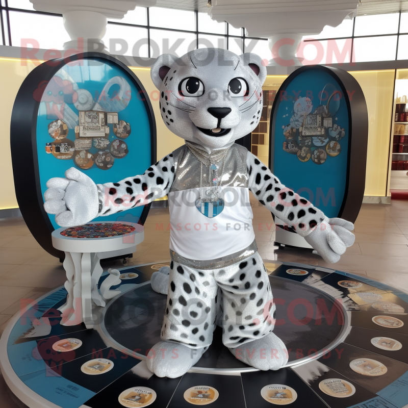 Silver Jaguar mascot costume character dressed with a Circle Skirt and Coin purses