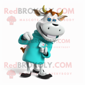 Cyan Guernsey Cow mascot costume character dressed with a Sweatshirt and Wallets