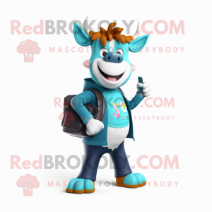 Cyan Guernsey Cow mascot costume character dressed with a Sweatshirt and Wallets