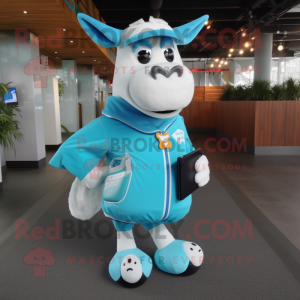 Cyan Guernsey Cow mascot costume character dressed with a Sweatshirt and Wallets