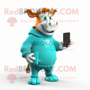 Cyan Guernsey Cow mascot costume character dressed with a Sweatshirt and Wallets