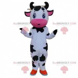 Mascotte mucca bianca, nera e rosa, costume da mucca -