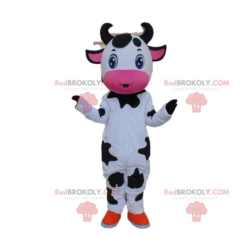 Mascotte de vache blanche, noire et rose, costume de vachette -