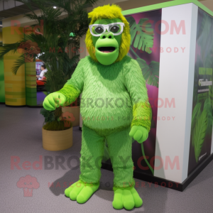 Lime Green Orangutan mascot costume character dressed with a Trousers and Eyeglasses