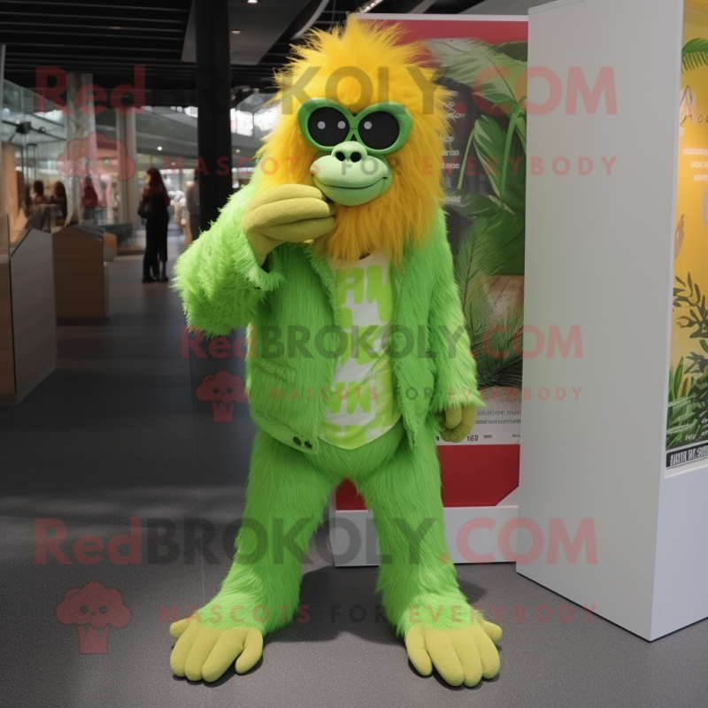 Lime Green Orangutan mascot costume character dressed with a Trousers and Eyeglasses Lime Green Orangutan mascot costume character dressed with a Trousers and Eyeglasses