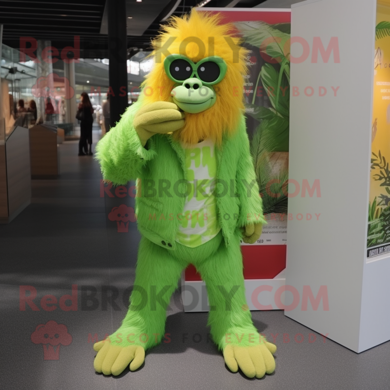 Lime Green Orangutan mascot costume character dressed with a Trousers and Eyeglasses