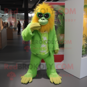 Lime Green Orangutan mascot costume character dressed with a Trousers and Eyeglasses