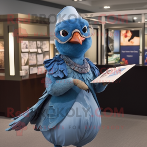 Blue Passenger Pigeon mascot costume character dressed with a Dress and Reading glasses