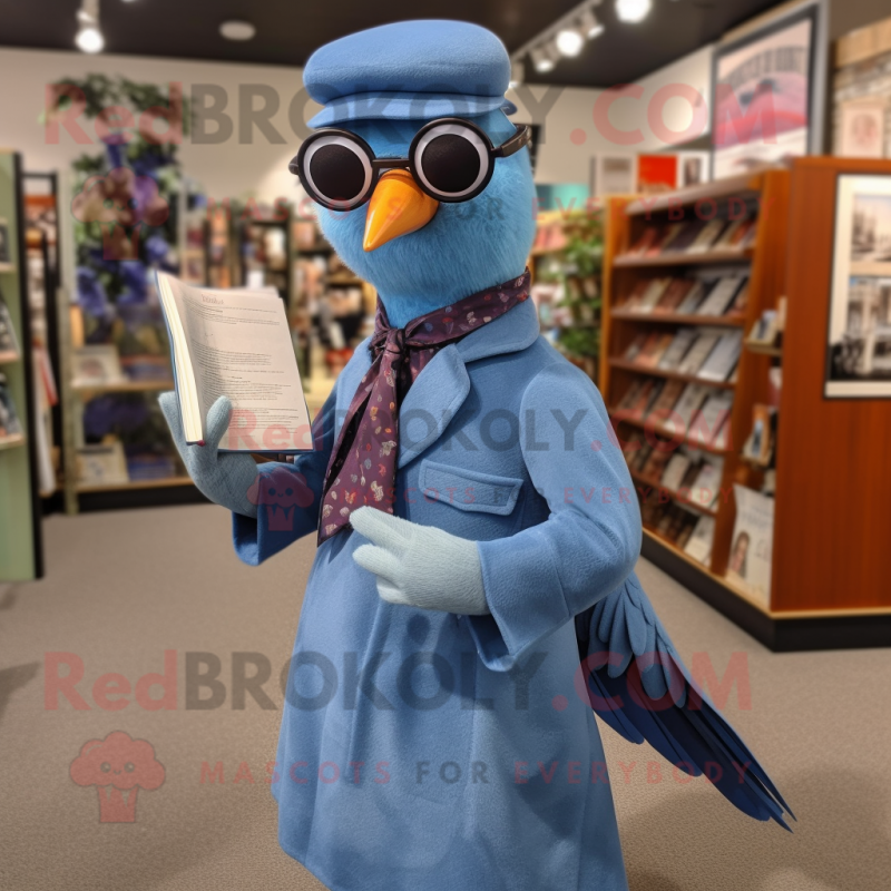 Blue Passenger Pigeon mascot costume character dressed with a Dress and Reading glasses