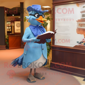 Blue Passenger Pigeon mascot costume character dressed with a Dress and Reading glasses