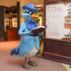 Blue Passenger Pigeon mascot costume character dressed with a Dress and Reading glasses