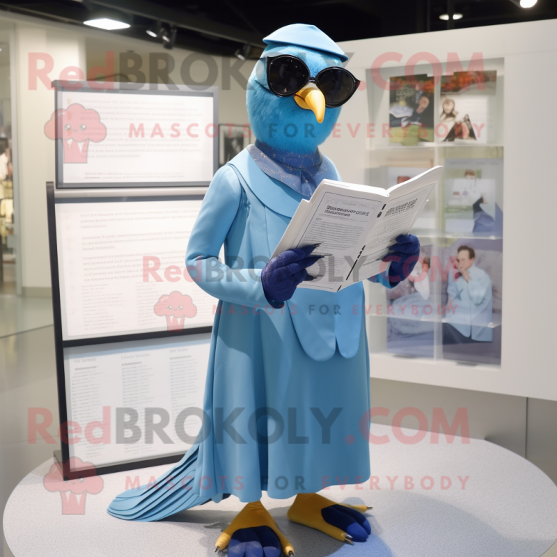 Blue Passenger Pigeon mascot costume character dressed with a Dress and Reading glasses