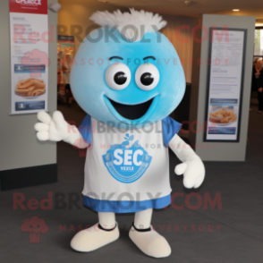 Blue Clam Chowder mascot costume character dressed with a V-Neck Tee and Bracelets