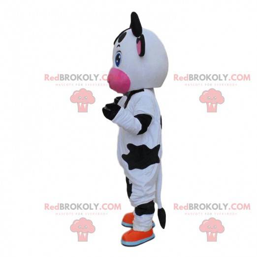 Mascotte mucca bianca, nera e rosa, costume da mucca -