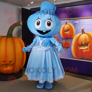 Sky Blue Pumpkin mascot costume character dressed with a Shift Dress and Cummerbunds