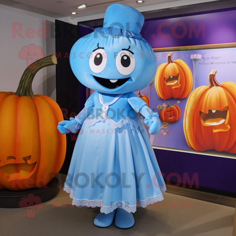 Sky Blue Pumpkin mascot costume character dressed with a Shift Dress and Cummerbunds Sky Blue Pumpkin mascot costume character dressed with a Shift Dress and Cummerbunds
