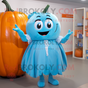 Sky Blue Pumpkin mascot costume character dressed with a Shift Dress and Cummerbunds