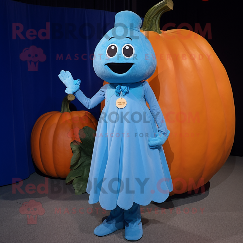 Sky Blue Pumpkin mascot costume character dressed with a Shift Dress and Cummerbunds