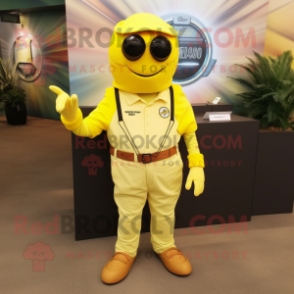 Lemon Yellow Trilobite mascot costume character dressed with a Overalls and Bracelet watches