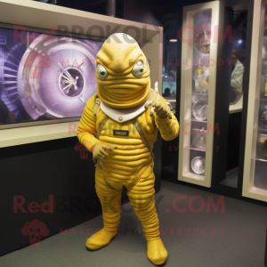 Lemon Yellow Trilobite mascot costume character dressed with a Overalls and Bracelet watches