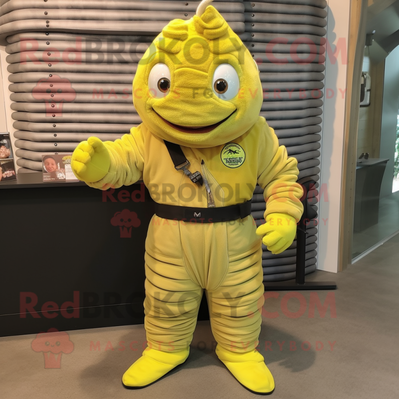 Lemon Yellow Trilobite mascot costume character dressed with a Overalls and Bracelet watches