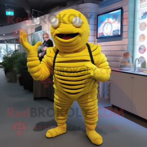 Lemon Yellow Trilobite mascot costume character dressed with a Overalls and Bracelet watches