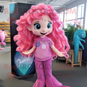 Pink Mermaid mascot costume character dressed with a Polo Shirt and Hair clips