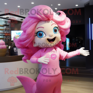 Pink Mermaid mascot costume character dressed with a Polo Shirt and Hair clips