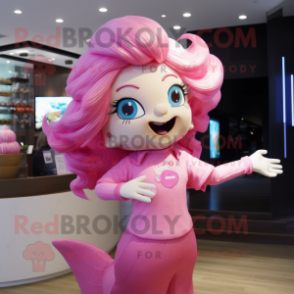 Pink Mermaid mascot costume character dressed with a Polo Shirt and Hair clips