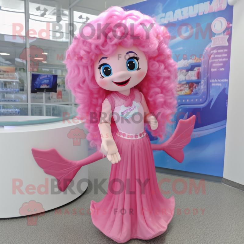Pink Mermaid mascot costume character dressed with a Polo Shirt and Hair clips