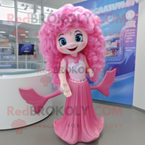 Pink Mermaid mascot costume character dressed with a Polo Shirt and Hair clips