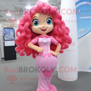 Pink Mermaid mascot costume character dressed with a Polo Shirt and Hair clips