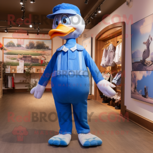 Blue Swan mascot costume character dressed with a Dungarees and Suspenders