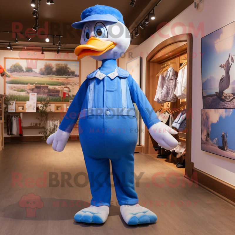 Blue Swan mascot costume character dressed with a Dungarees and Suspenders Blue Swan mascot costume character dressed with a Dungarees and Suspenders
