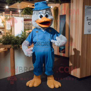 Blue Swan mascot costume character dressed with a Dungarees and Suspenders