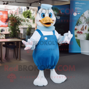 Blue Swan mascot costume character dressed with a Dungarees and Suspenders