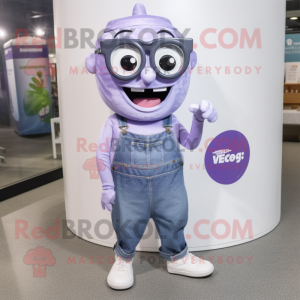 Lavender Soda Can mascot costume character dressed with a Overalls and Eyeglasses