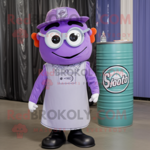 Lavender Soda Can mascot costume character dressed with a Overalls and Eyeglasses