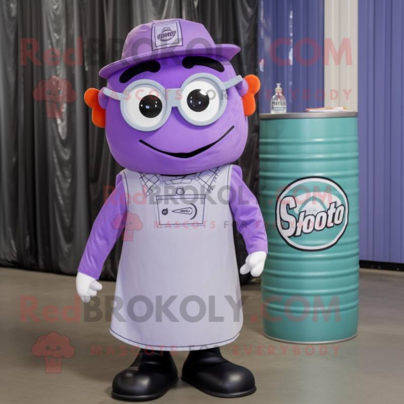Lavender Soda Can mascot costume character dressed with a Overalls and Eyeglasses Lavender Soda Can mascot costume character dressed with a Overalls and Eyeglasses