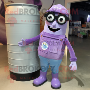 Lavender Soda Can mascot costume character dressed with a Overalls and Eyeglasses