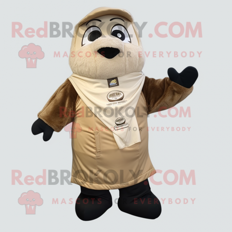 Beige Moussaka mascot costume character dressed with a Parka and Suspenders Beige Moussaka mascot costume character dressed with a Parka and Suspenders