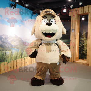 Beige Moussaka mascot costume character dressed with a Parka and Suspenders