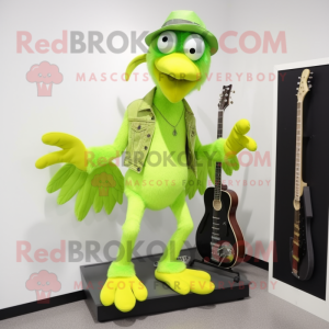 Lime Green Archeopteryx mascot costume character dressed with a Bootcut Jeans and Shoe clips