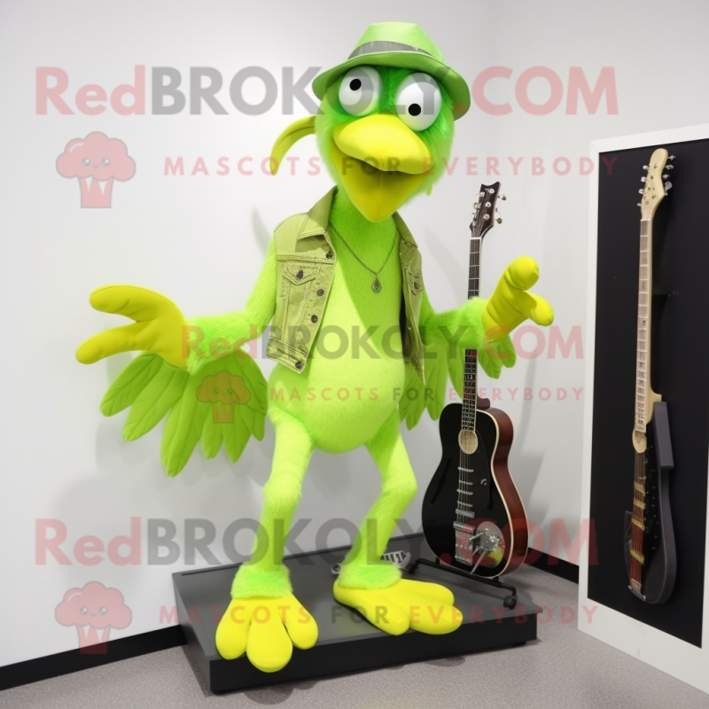 Lime Green Archeopteryx mascot costume character dressed with a Bootcut Jeans and Shoe clips Lime Green Archeopteryx mascot costume character dressed with a Bootcut Jeans and Shoe clips