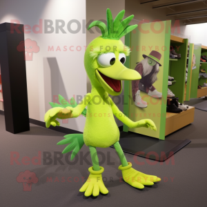 Lime Green Archeopteryx mascot costume character dressed with a Bootcut Jeans and Shoe clips