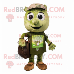 Olive Momentum mascot costume character dressed with a Henley Shirt and Keychains