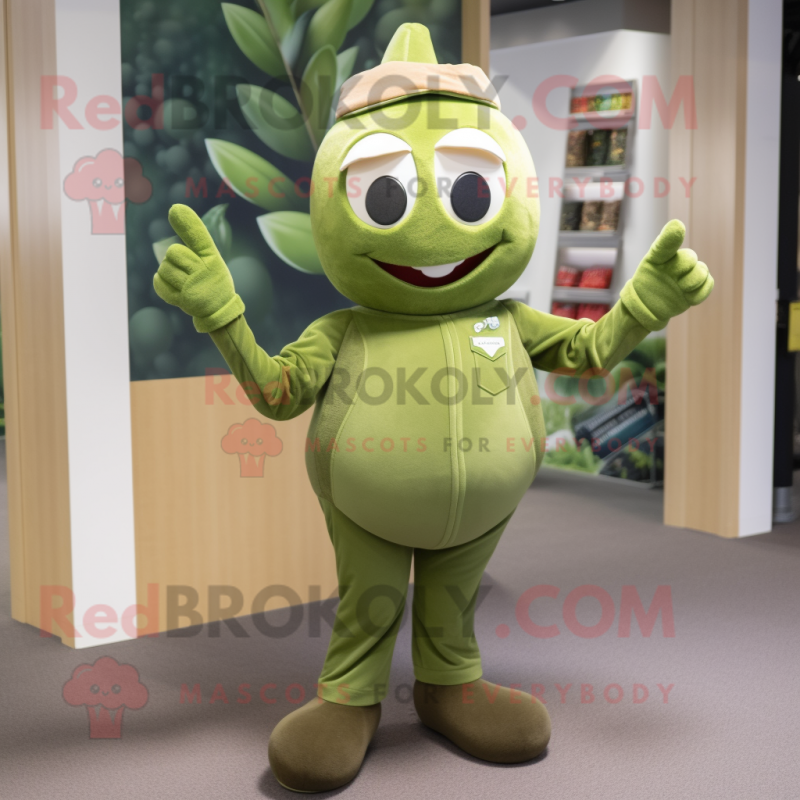 Olive Momentum mascot costume character dressed with a Henley Shirt and Keychains Olive Momentum mascot costume character dressed with a Henley Shirt and Keychains