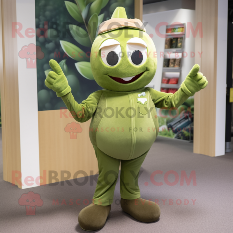 Olive Momentum mascot costume character dressed with a Henley Shirt and Keychains