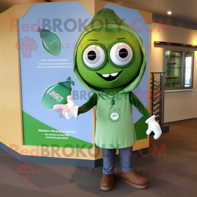 Olive Momentum mascot costume character dressed with a Henley Shirt and Keychains Olive Momentum mascot costume character dressed with a Henley Shirt and Keychains