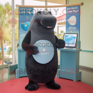 Black Stellar'S Sea Cow mascot costume character dressed with a Sheath Dress and Tie pins